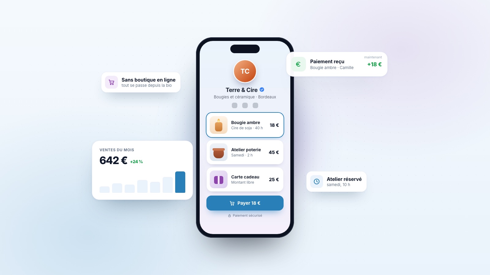 Page lien en bio Allinks présentant des blocs de vente de produits, de prestations et de dons