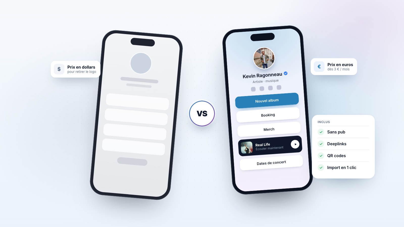 Comparaison d'une page Linktree et d'une page Allinks sur deux téléphones